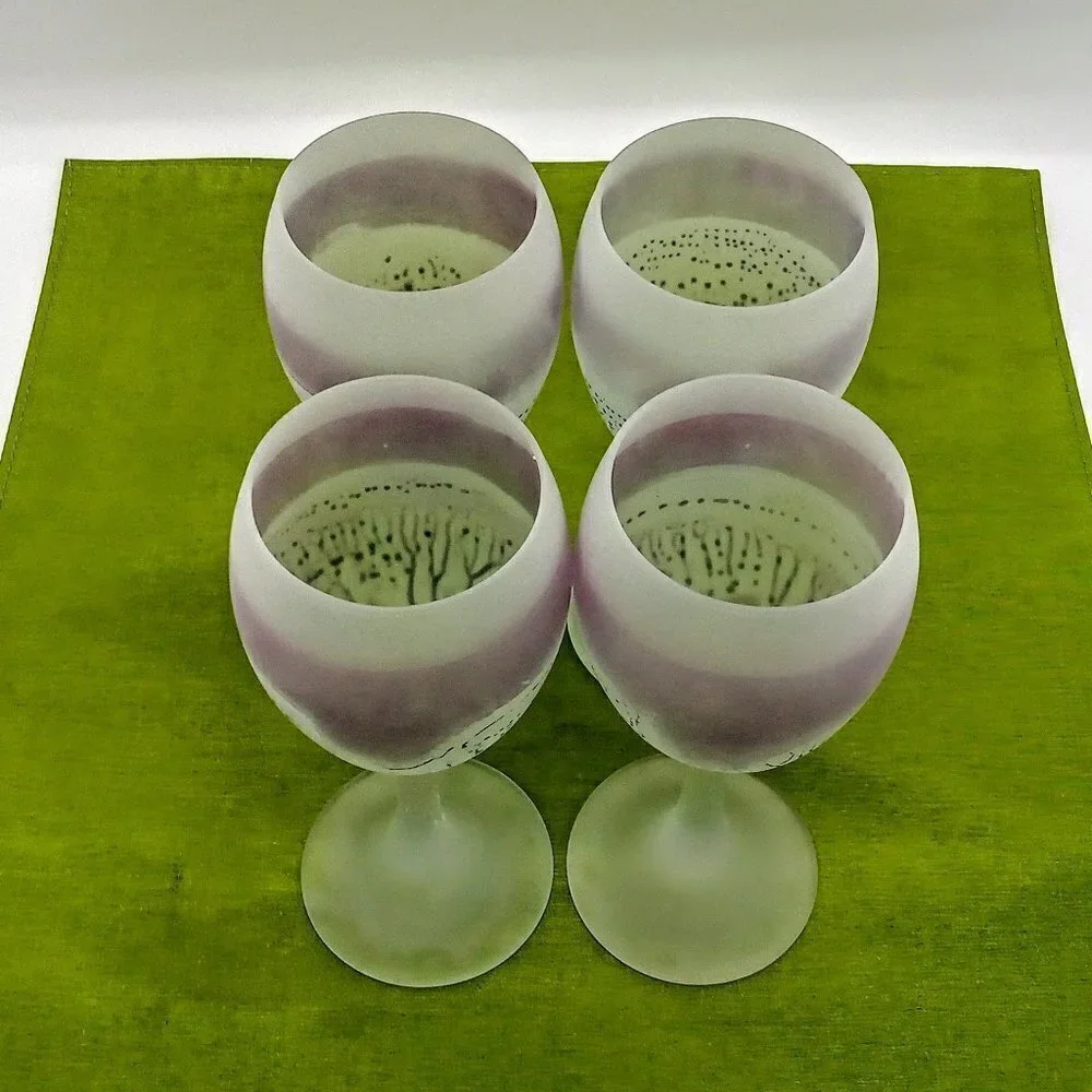 Set of 4 Purple Hand-Painted Frosted Wine Glasses